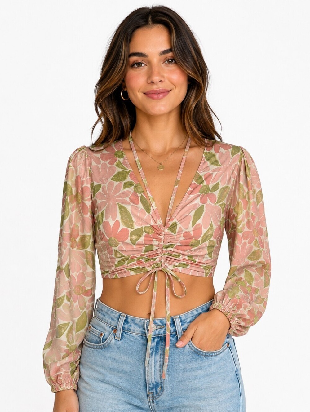 VICI x Amber Lancaster Floral Ruched Tie Front Crop Top Pink L
